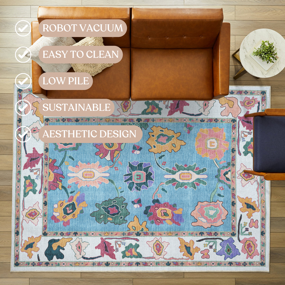 Farhana Green Colorful Floral Modern Oushak Rug
