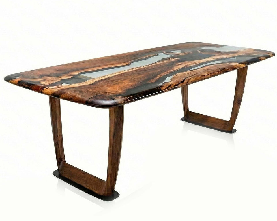 Epoxy Resin River Dining Table Featured Walnut Wood Leg