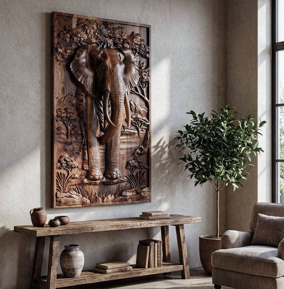 Majestic African Elephant 3D Relief Wood Wall Art