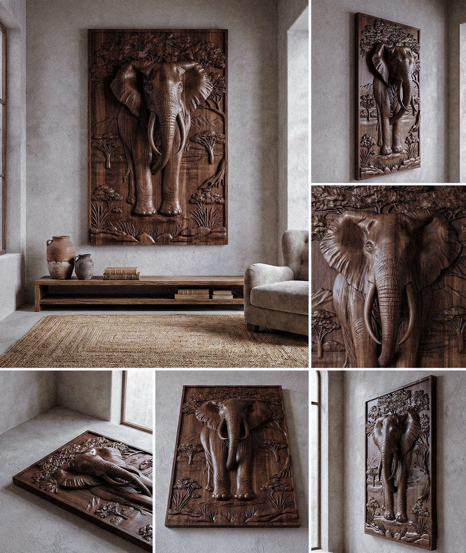 Majestic African Elephant 3D Relief Wood Wall Art