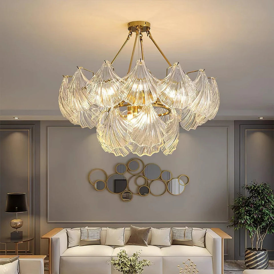 Ribbed Glass Shell Brass Chandelier