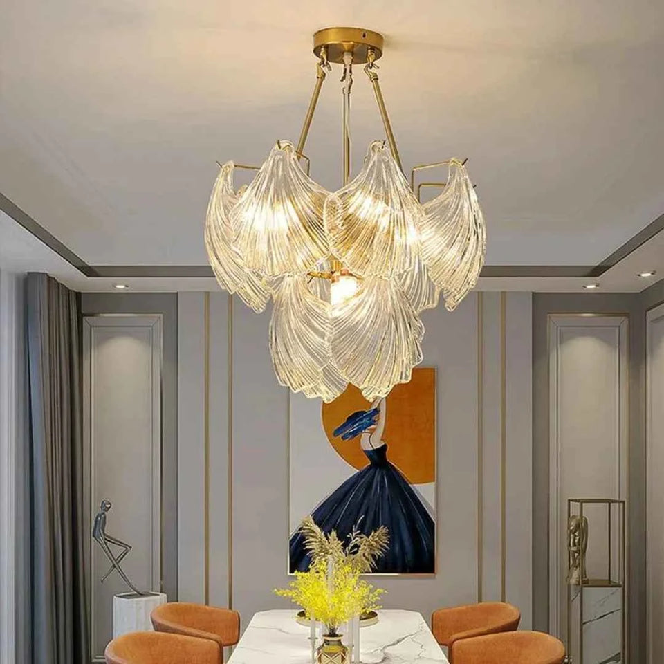 Ribbed Glass Shell Brass Chandelier