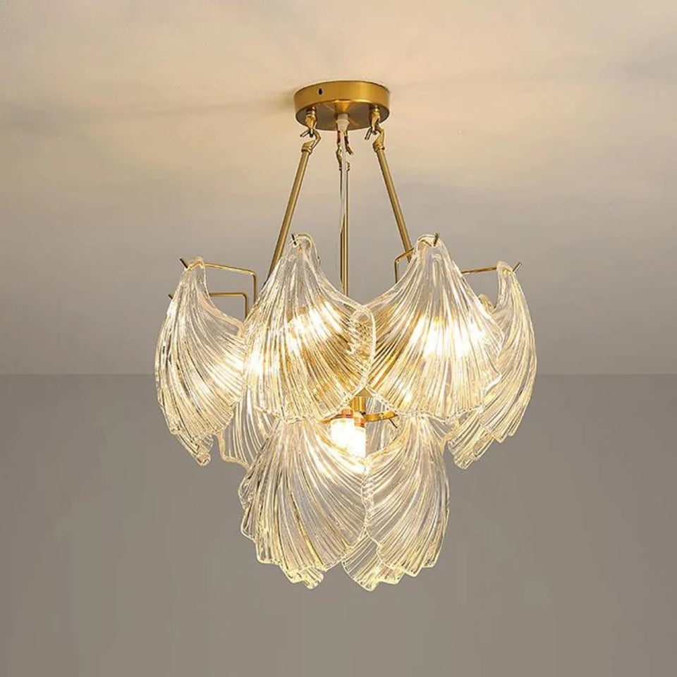 Ribbed Glass Shell Brass Chandelier