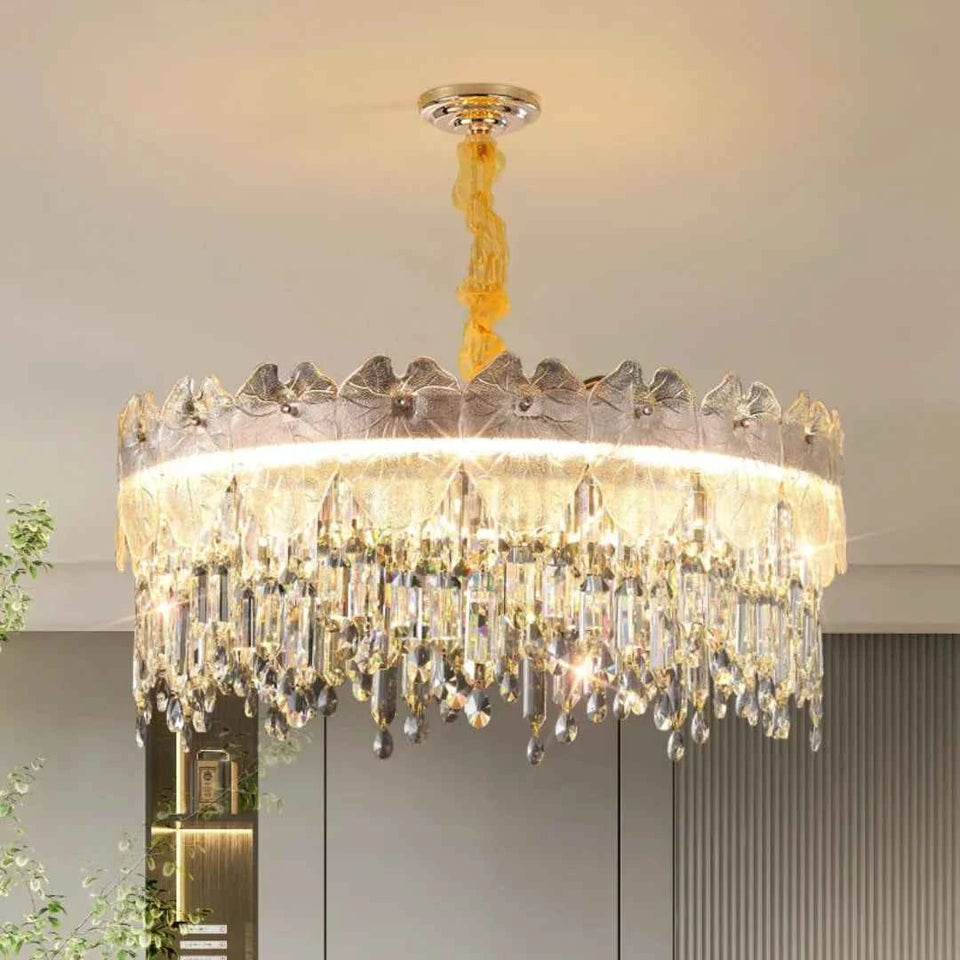 Golden Lotus Leaf Round Crystal Chandelier