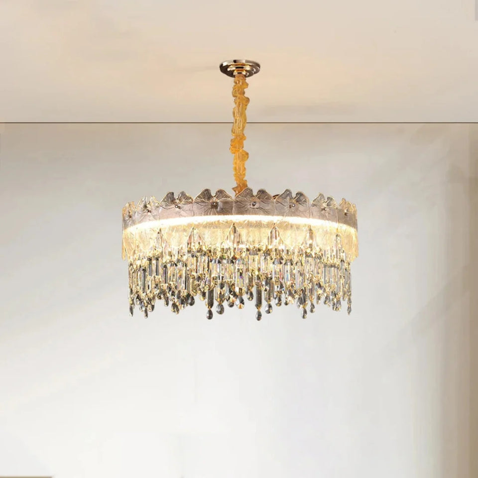 Golden Lotus Leaf Round Crystal Chandelier