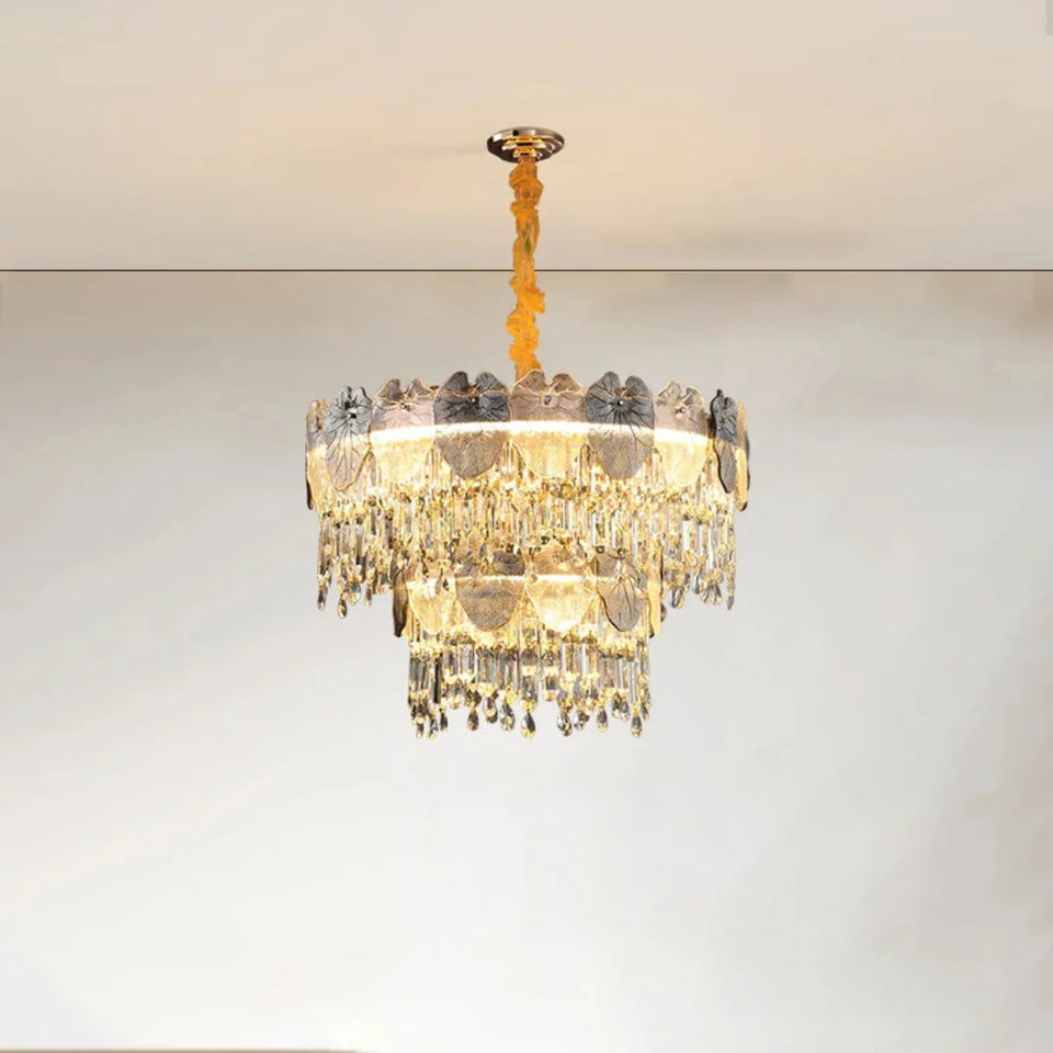 Golden Lotus Leaf Round Crystal Chandelier