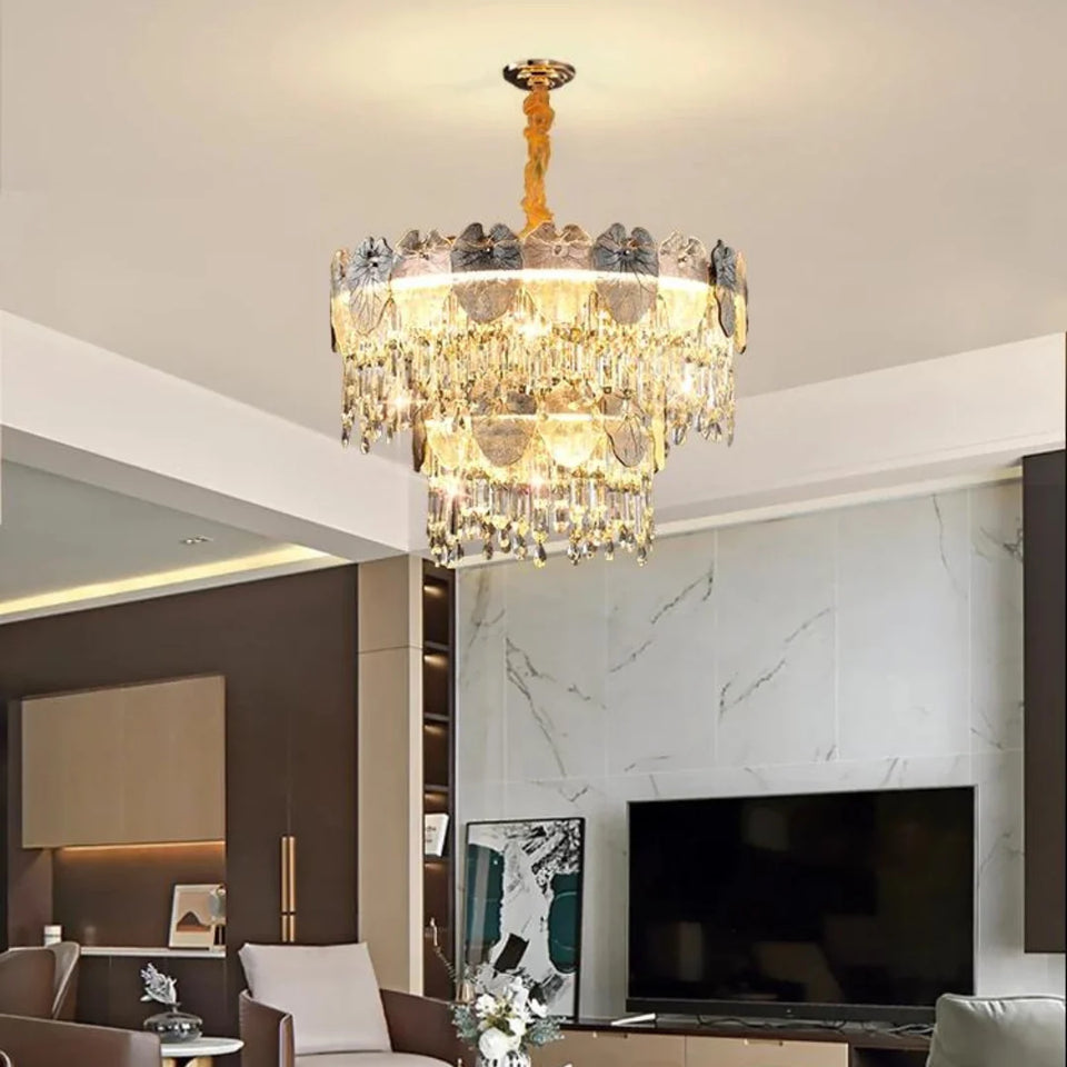 Golden Lotus Leaf Round Crystal Chandelier