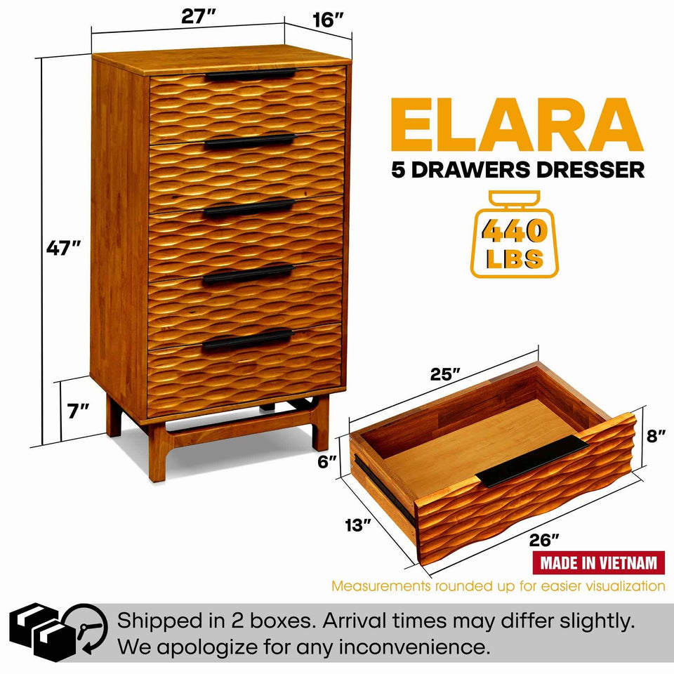 Elara Solid Wood Dresser with 5 Drawers
