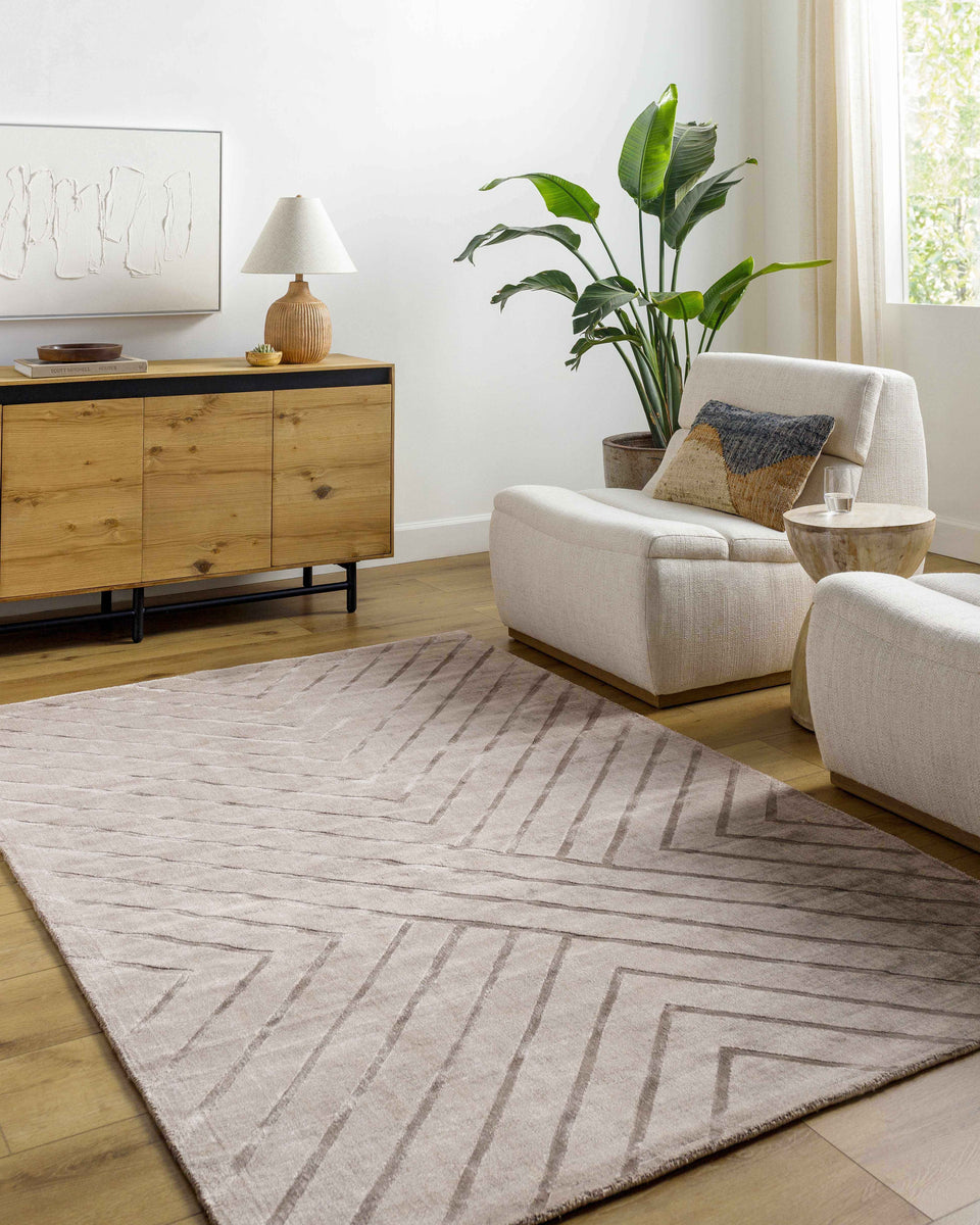Tavran Taupe Subtle Linear Texture Cottage Farmhouse Viscose Handmade Area Rug - Clearance