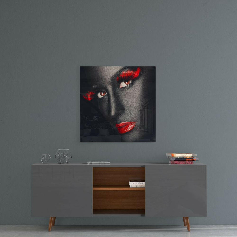 Red Lashes Dark Skin Woman Glass Wall Art