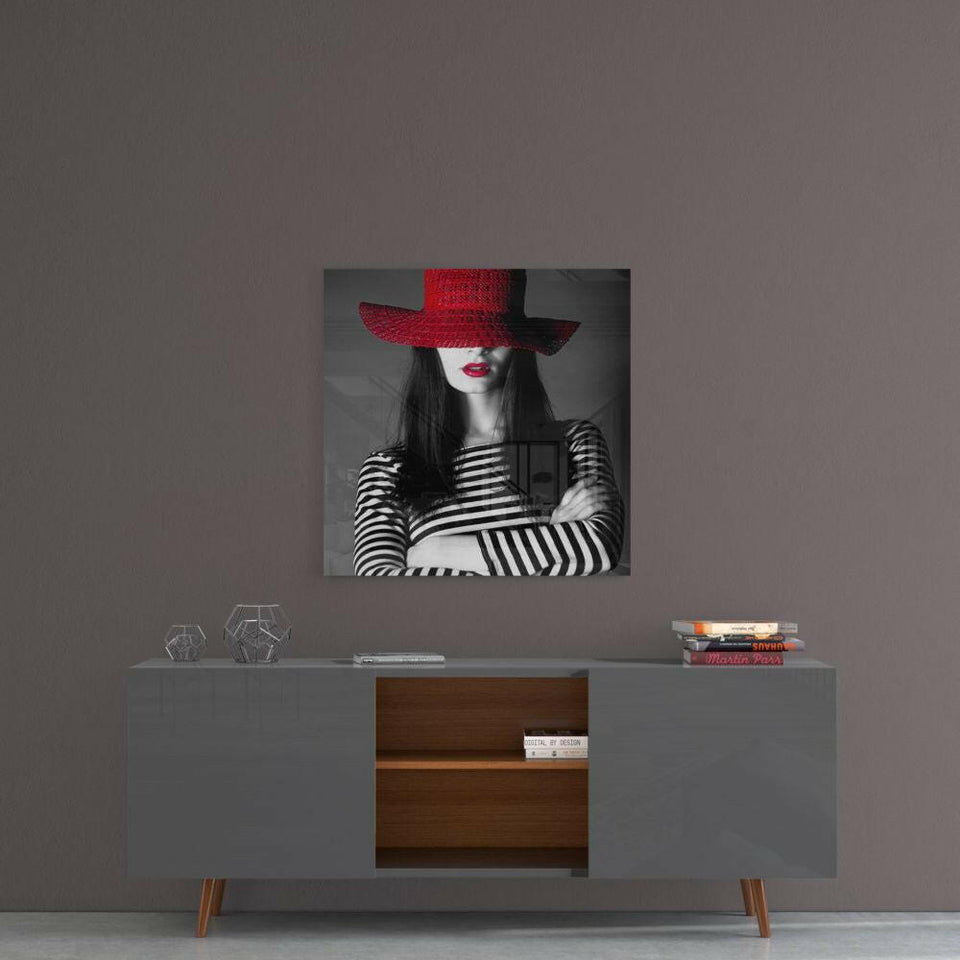 Red Straw Hat Striped Woman Glass Wall Art