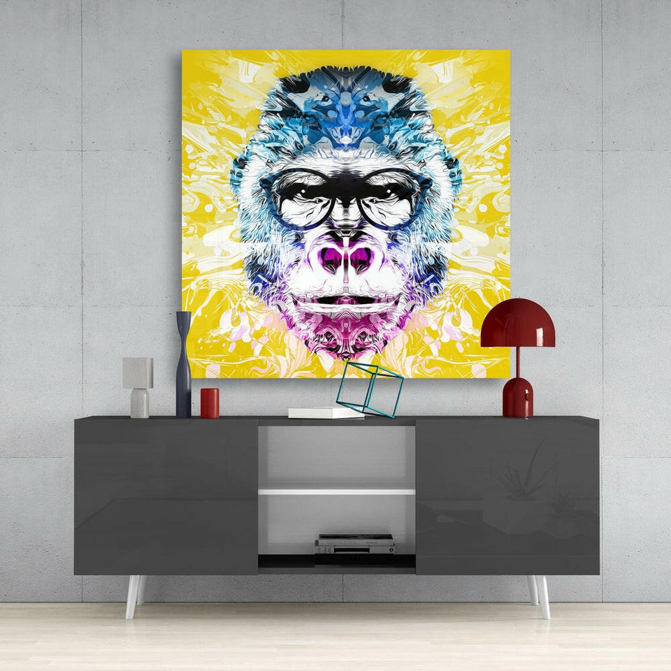 Yellow Pop Art Gorilla Face Glass Wall Art