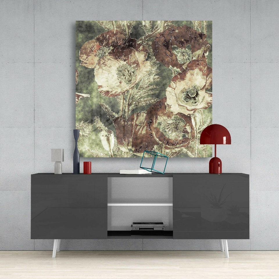 Vintage Poppy Blooms Green Glass Wall Art