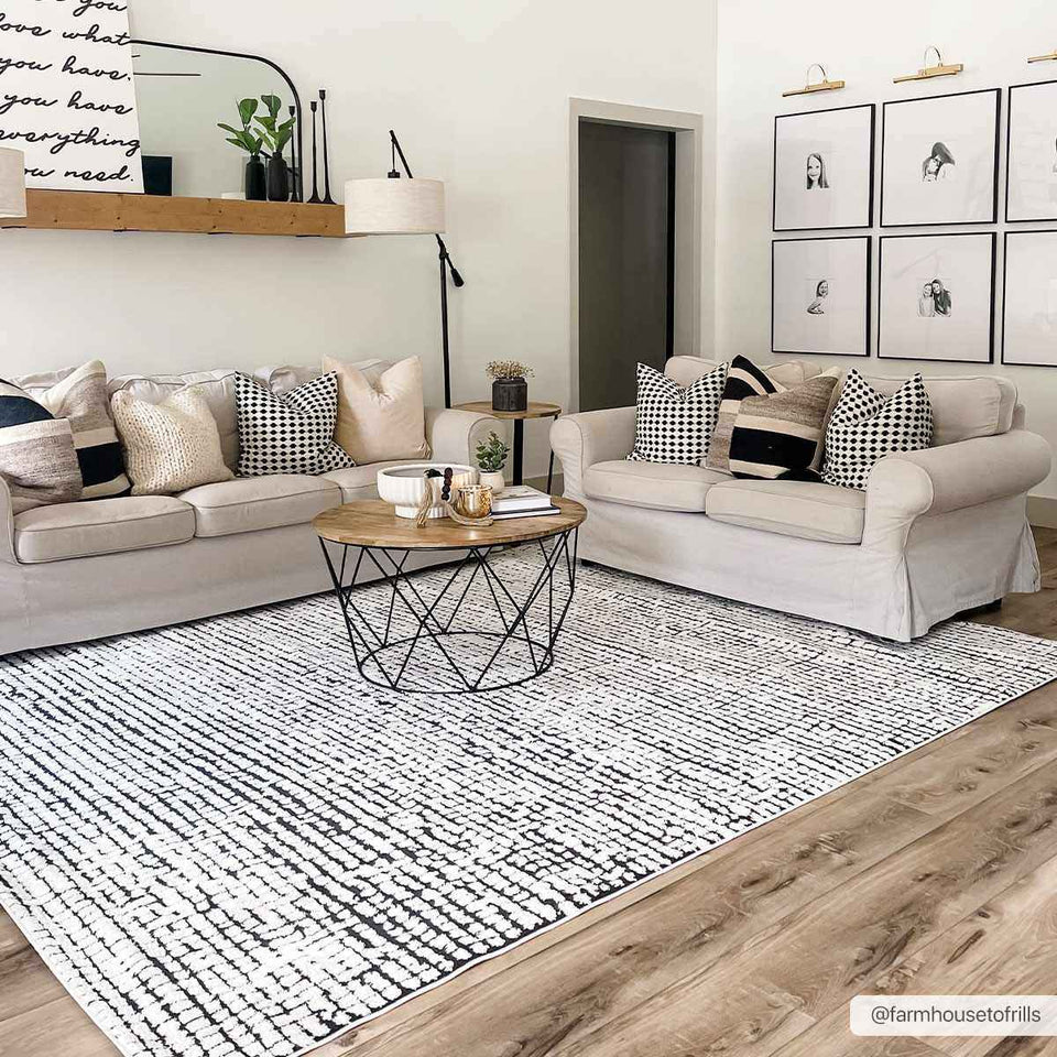 Keita Cream & Black Grid Plush Rug