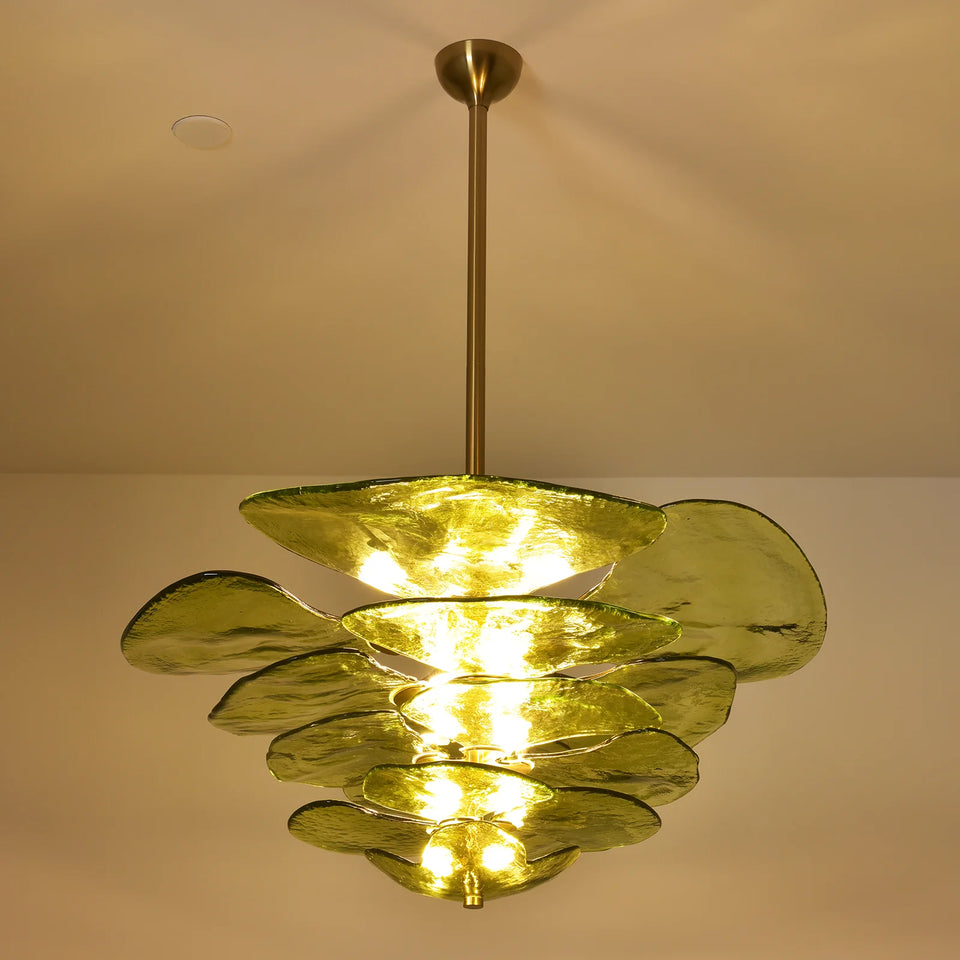 Leaf Shaped Green Textured Glass Chandelier