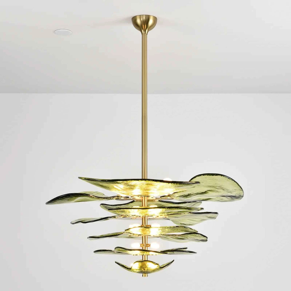 Leaf Shaped Green Textured Glass Chandelier