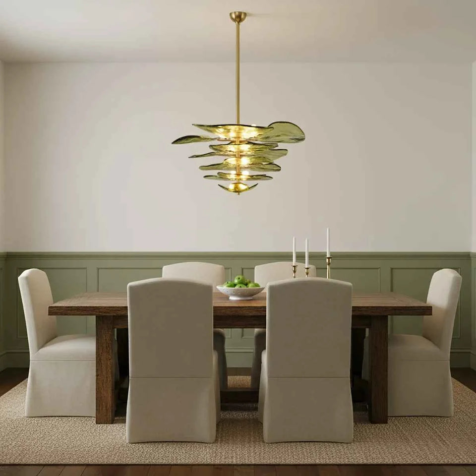 Leaf Shaped Green Textured Glass Chandelier