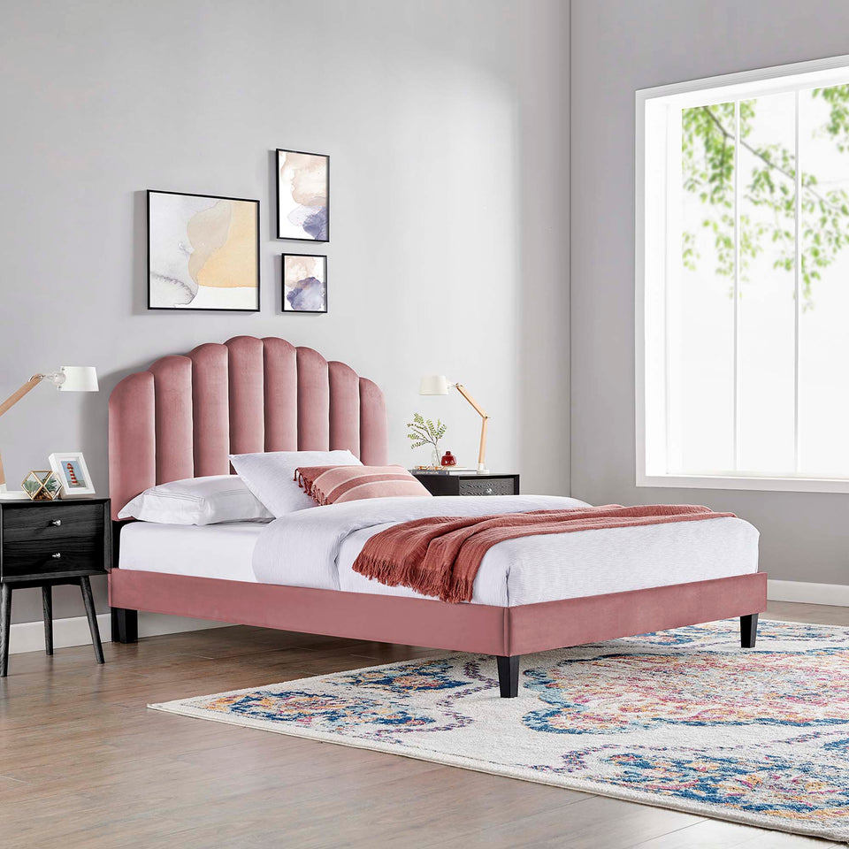 Daisy Tapered Wood Leg Performance Velvet Queen Platform Bed by Modway
