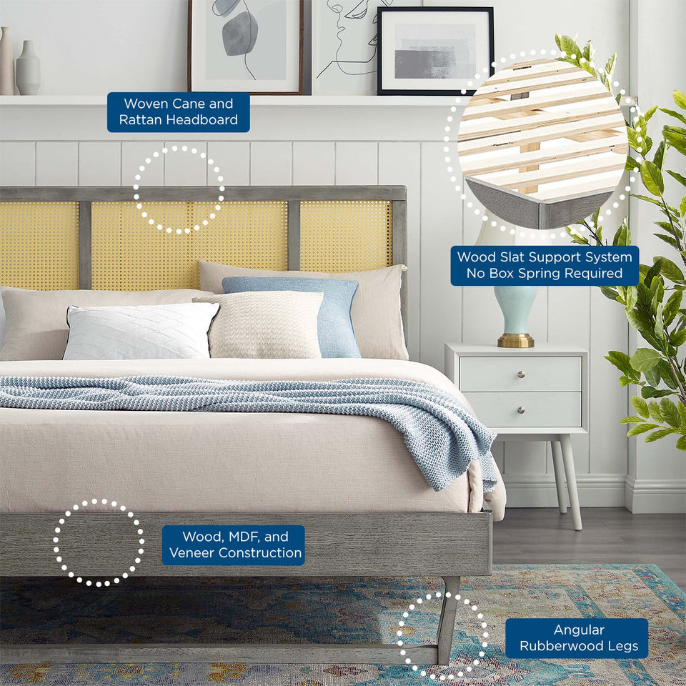 Kelsea Cane and Wood Platform Bed With Angular Legs by Modway