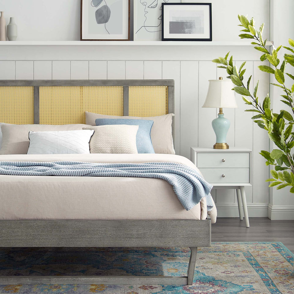 Kelsea Cane and Wood Platform Bed With Angular Legs by Modway