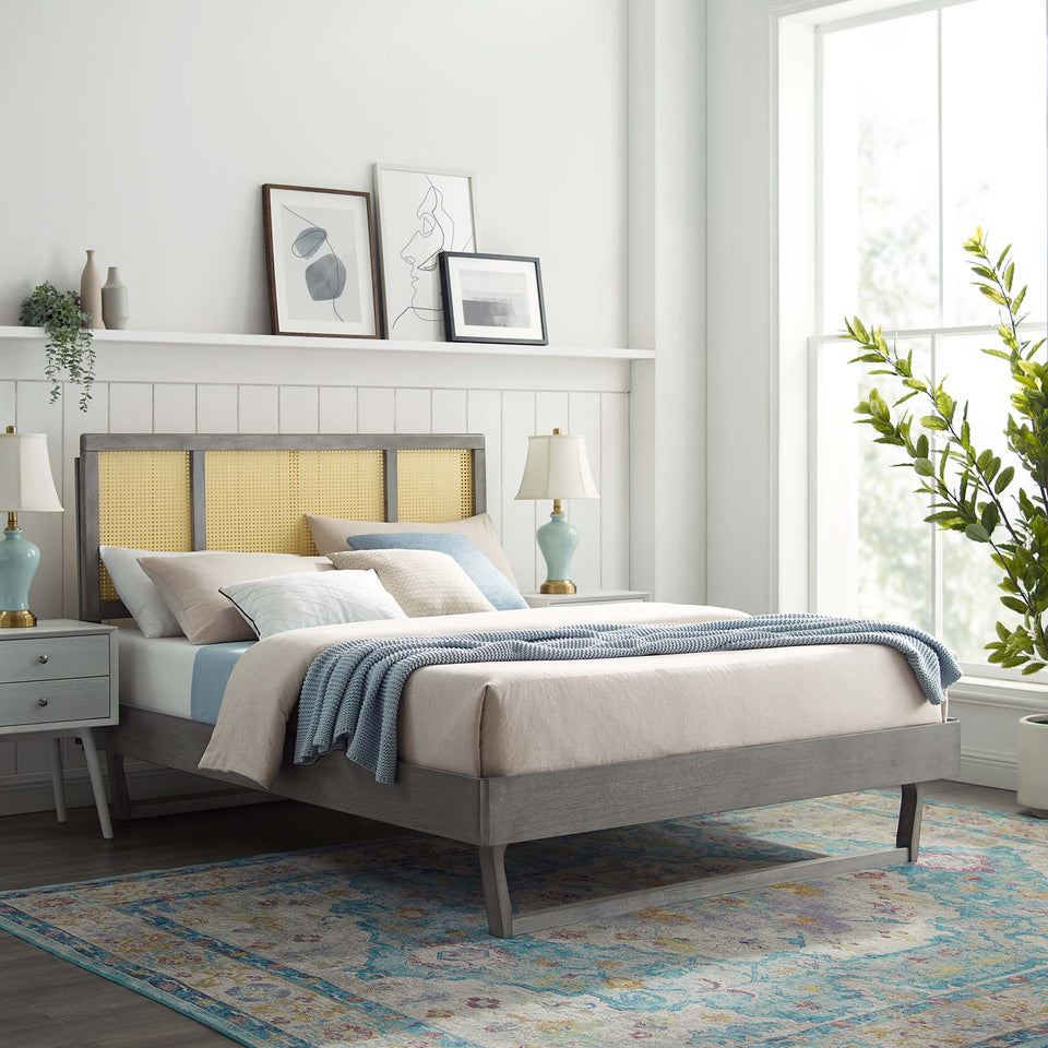 Kelsea Cane and Wood Platform Bed With Angular Legs by Modway