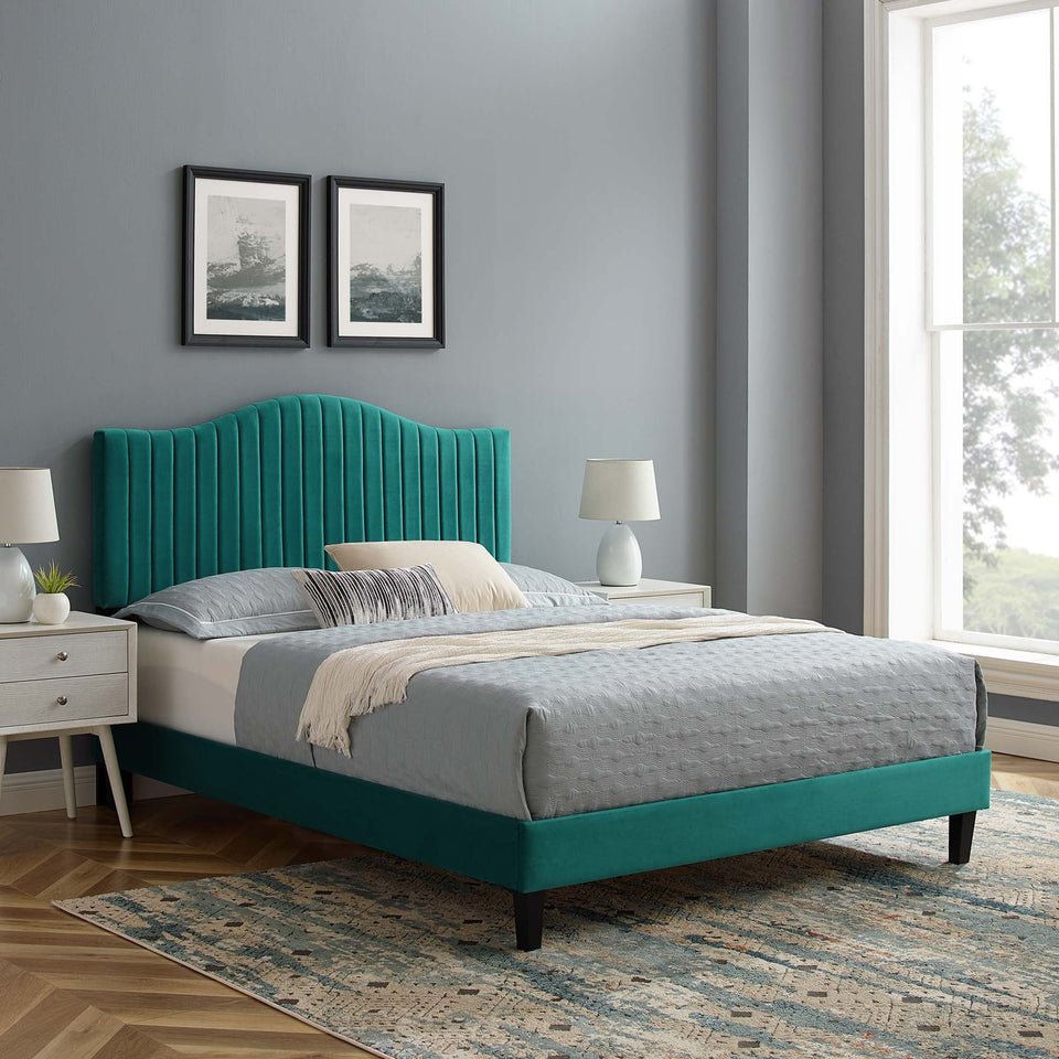 Juniper Channel Tufted Performance Velvet Platform Bed With Black Wood Legs by Modway