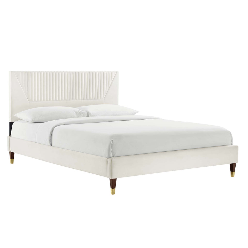 Yasmine Channel Tufted Performance Velvet Platform Bed With Wood and Gold Legs by Modway