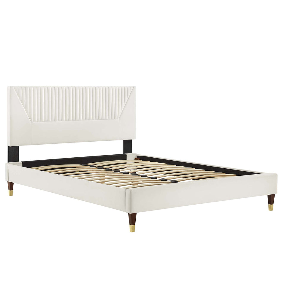 Yasmine Channel Tufted Performance Velvet Platform Bed With Wood and Gold Legs by Modway