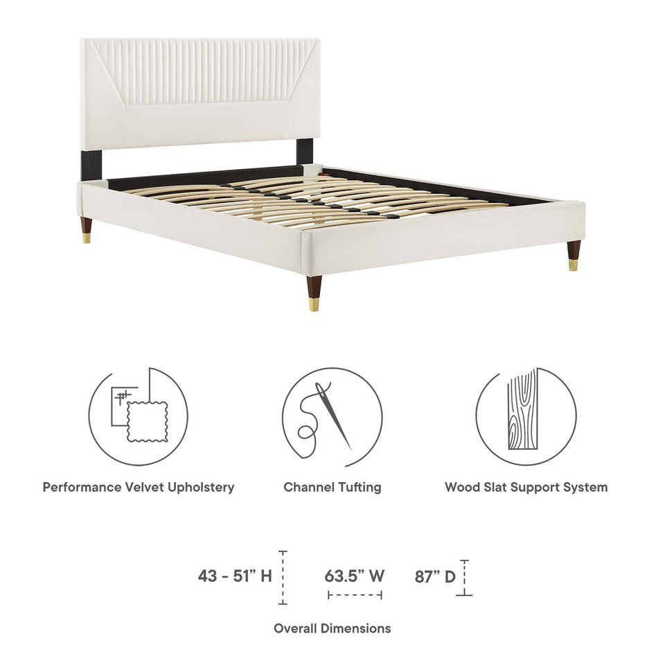 Yasmine Channel Tufted Performance Velvet Platform Bed With Wood and Gold Legs by Modway