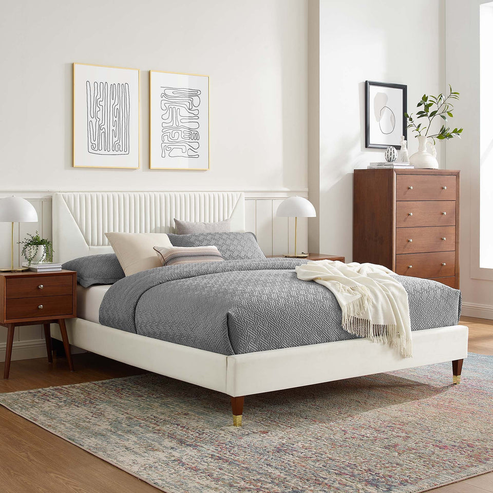 Yasmine Channel Tufted Performance Velvet Platform Bed With Wood and Gold Legs by Modway