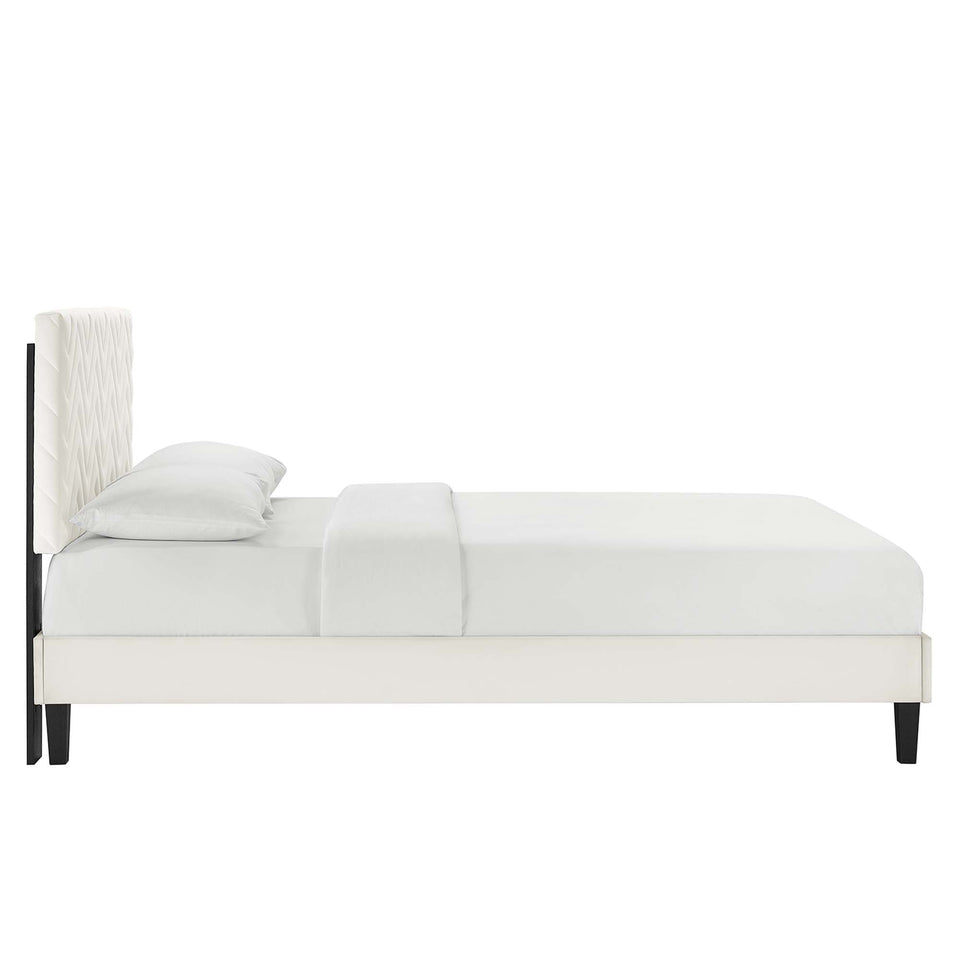 Leah Tapered Wood Leg Chevron Tufted Performance Velvet Queen Platform Bed by Modway