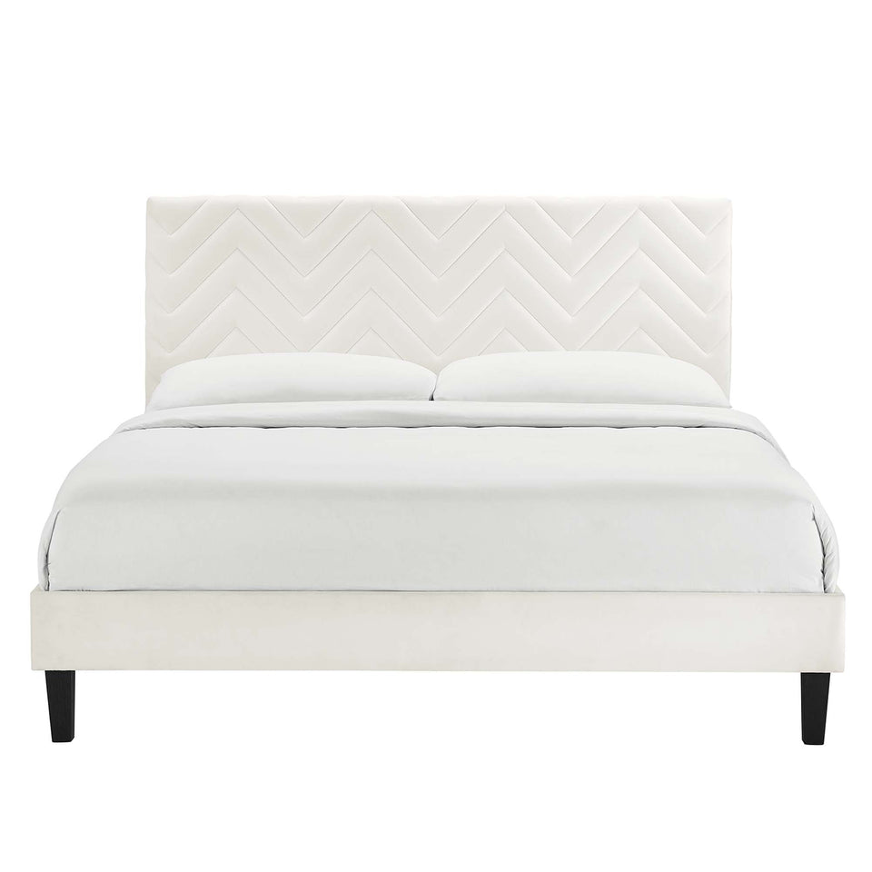 Leah Tapered Wood Leg Chevron Tufted Performance Velvet Queen Platform Bed by Modway