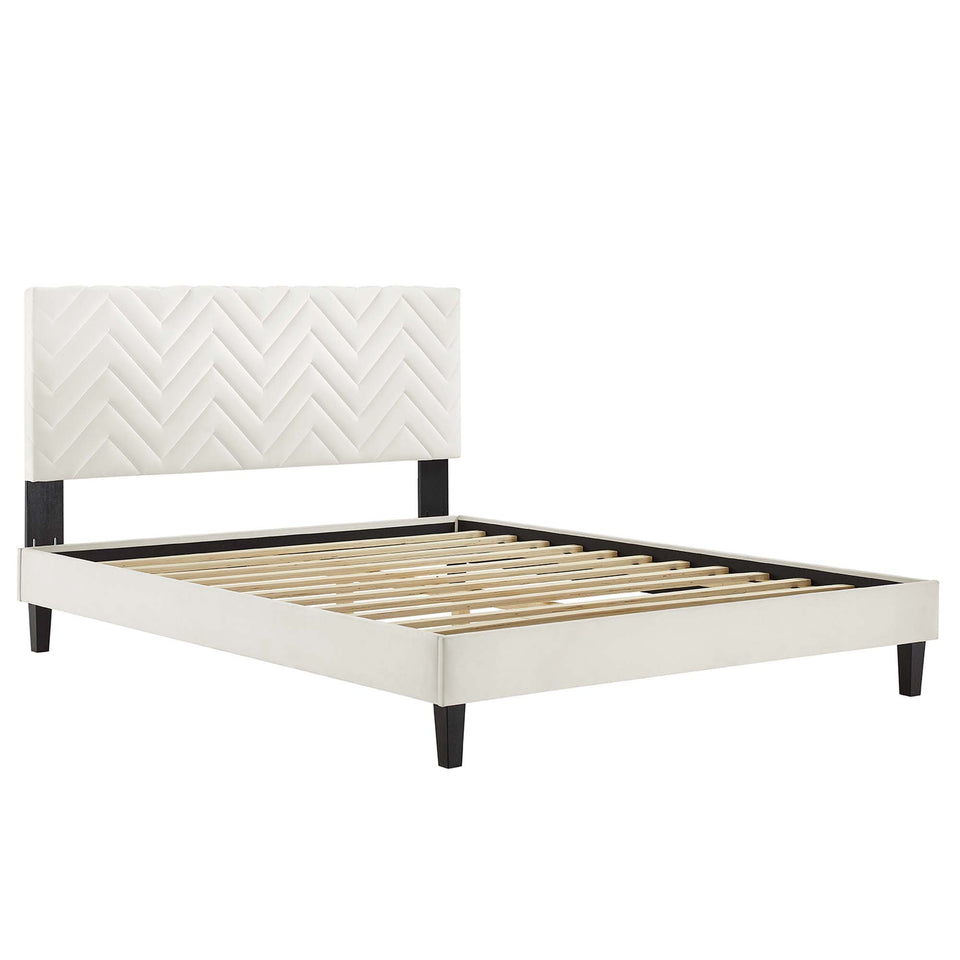 Leah Tapered Wood Leg Chevron Tufted Performance Velvet Queen Platform Bed by Modway