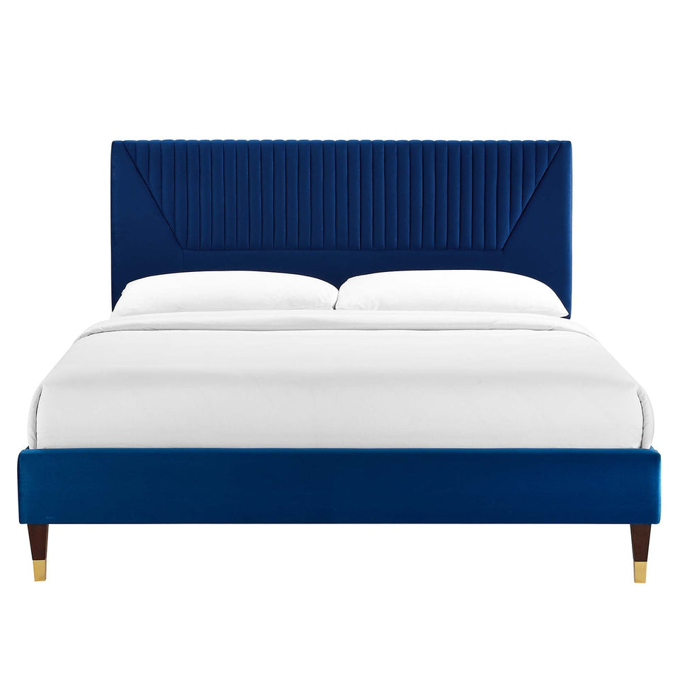 Yasmine Channel Tufted Performance Velvet Platform Bed With Wood and Gold Legs by Modway
