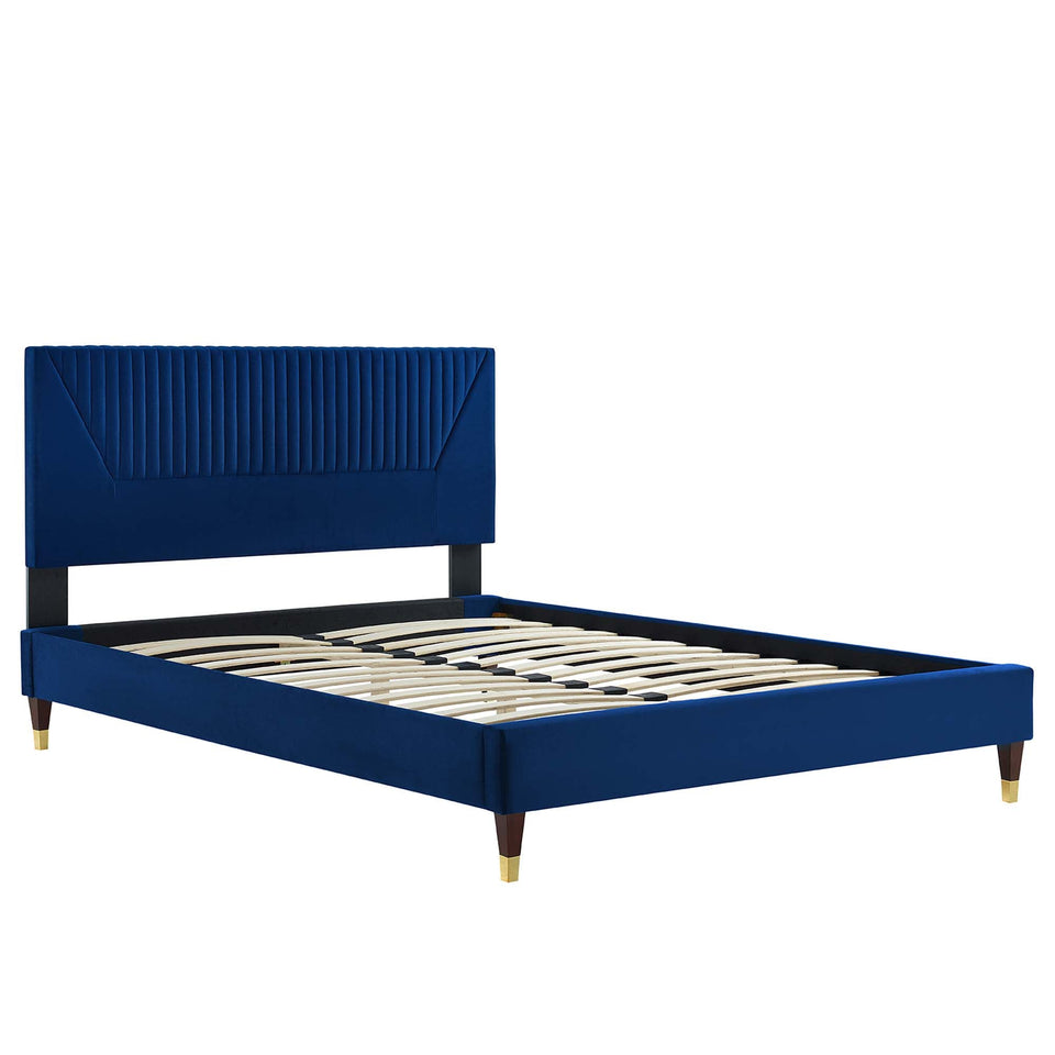 Yasmine Channel Tufted Performance Velvet Platform Bed With Wood and Gold Legs by Modway