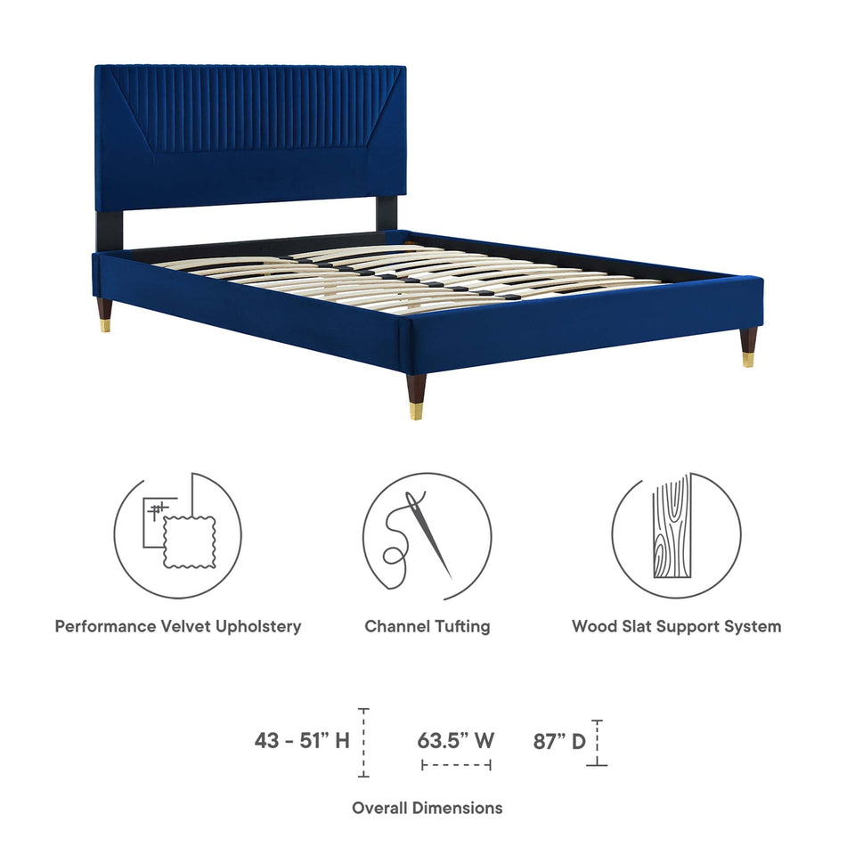 Yasmine Channel Tufted Performance Velvet Platform Bed With Wood and Gold Legs by Modway