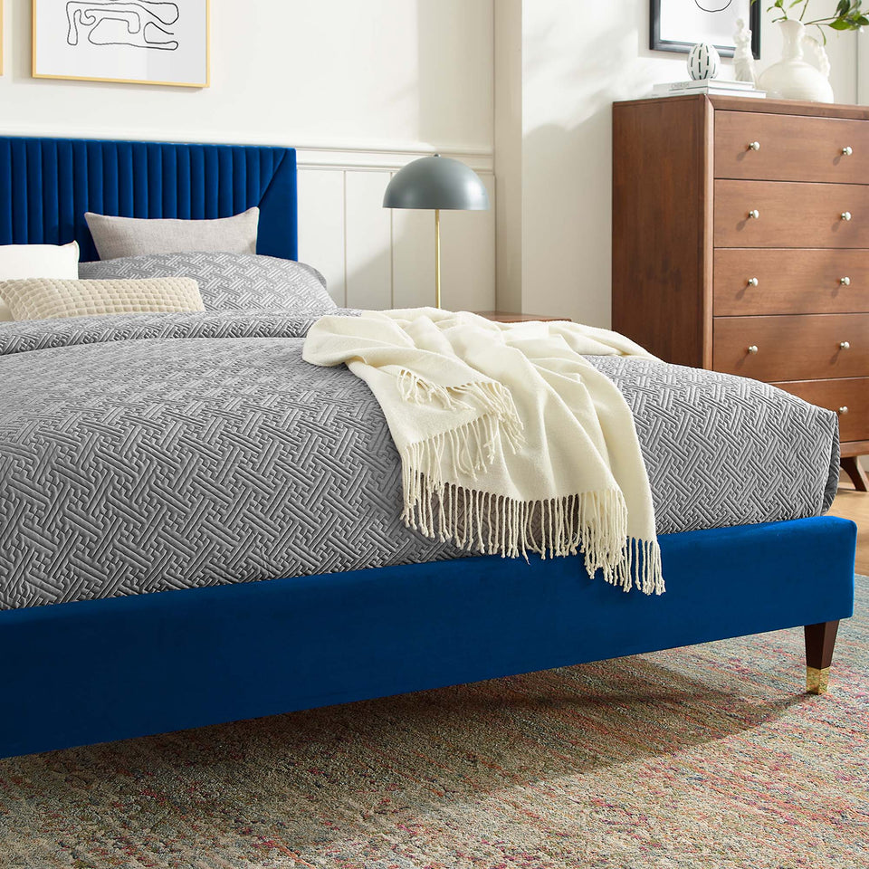 Yasmine Channel Tufted Performance Velvet Platform Bed With Wood and Gold Legs by Modway