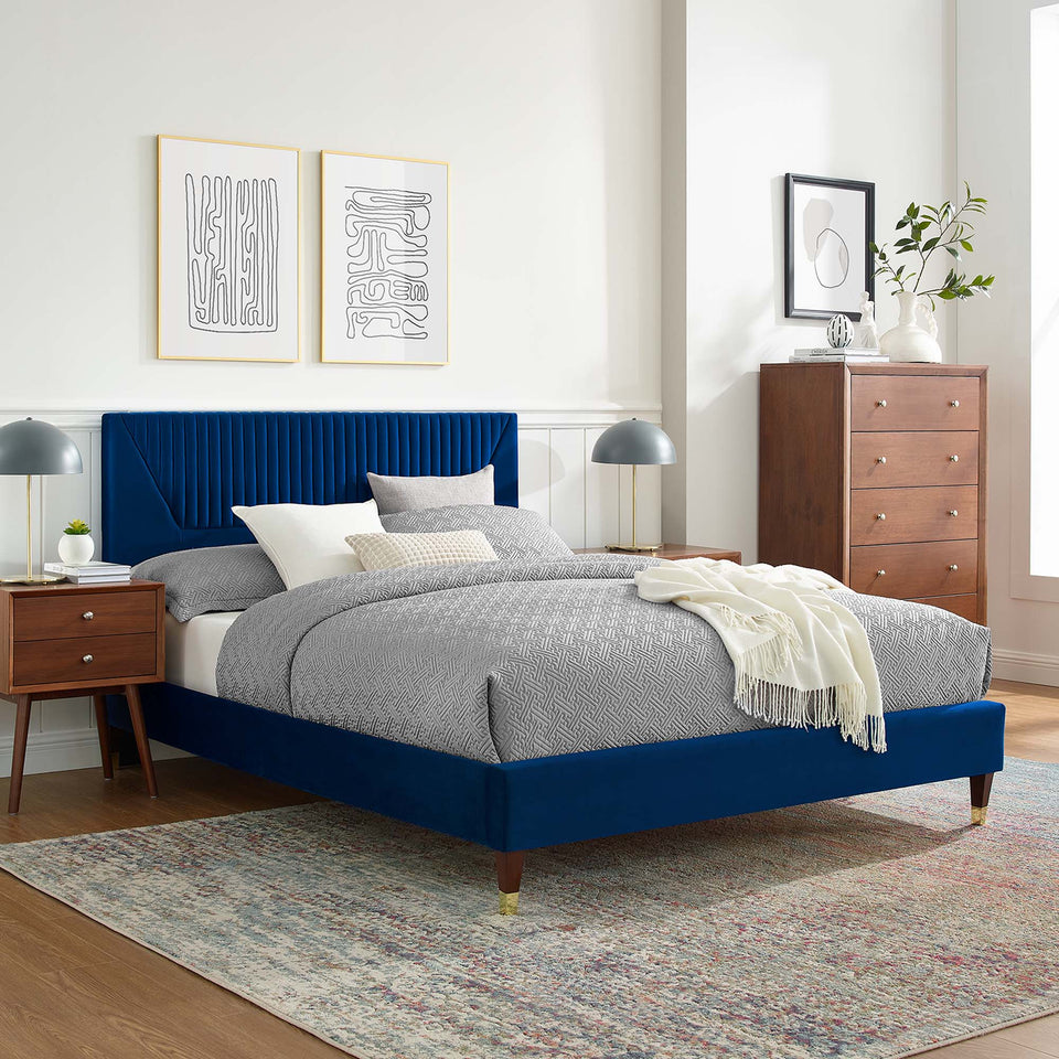 Yasmine Channel Tufted Performance Velvet Platform Bed With Wood and Gold Legs by Modway