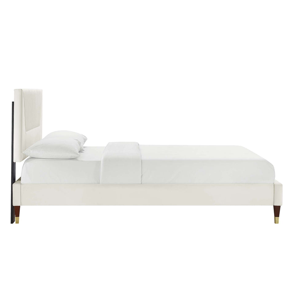 Yasmine Channel Tufted Performance Velvet Platform Bed With Wood and Gold Legs by Modway