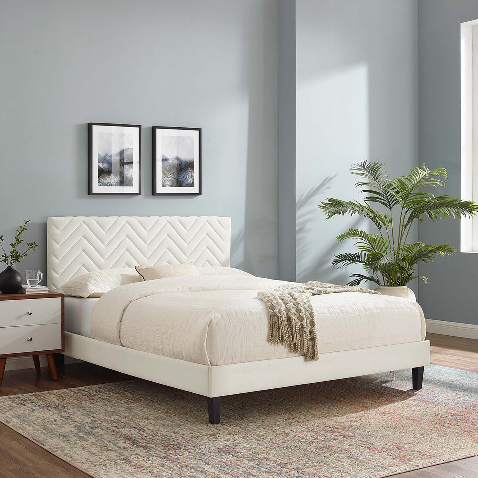 Leah Tapered Wood Leg Chevron Tufted Performance Velvet Full Platform Bed by Modway