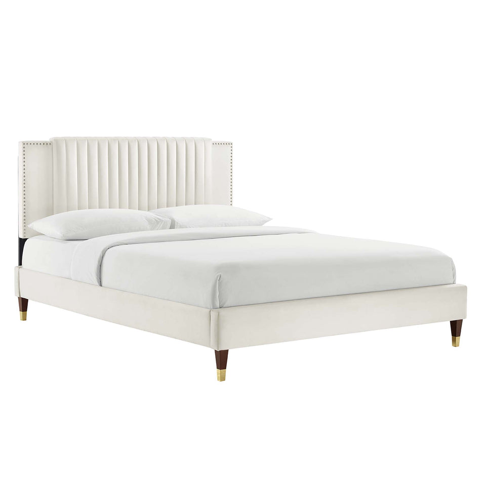 Zahra Channel Tufted Performance Velvet Platform Bed With Wood and Gold Legs by Modway