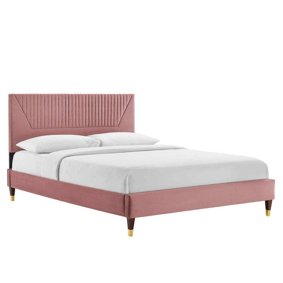 Yasmine Channel Tufted Performance Velvet Platform Bed With Wood and Gold Legs by Modway