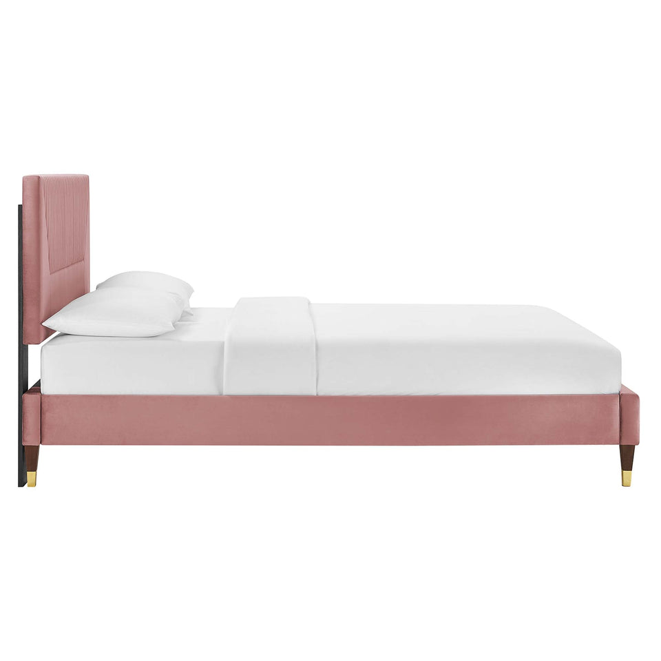 Yasmine Channel Tufted Performance Velvet Platform Bed With Wood and Gold Legs by Modway