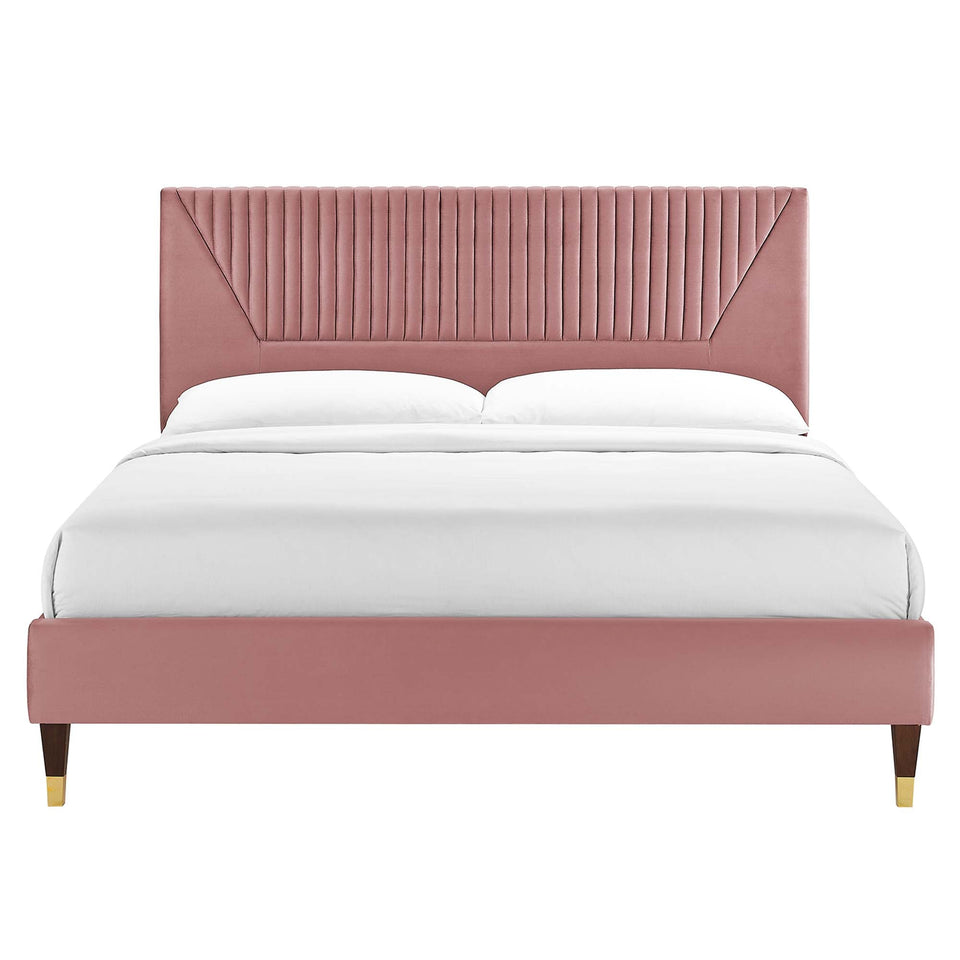 Yasmine Channel Tufted Performance Velvet Platform Bed With Wood and Gold Legs by Modway