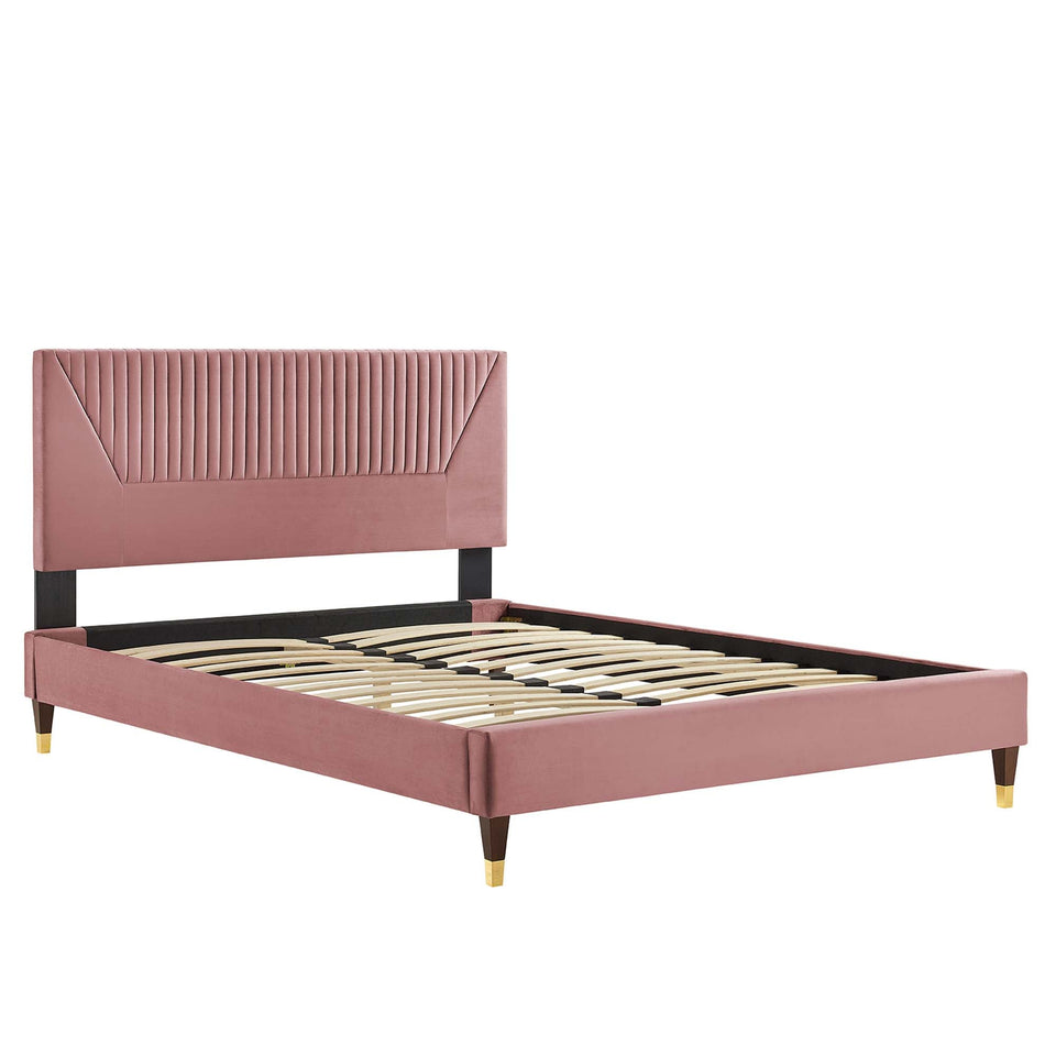 Yasmine Channel Tufted Performance Velvet Platform Bed With Wood and Gold Legs by Modway