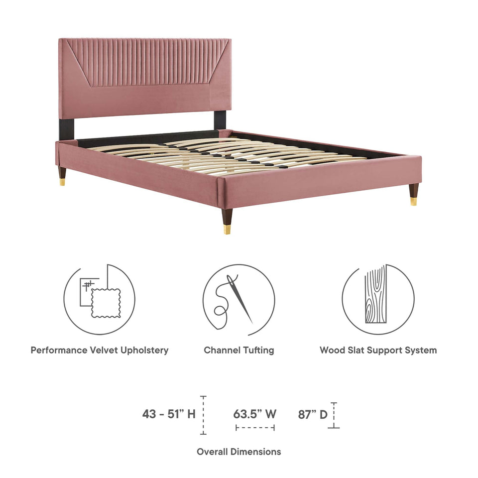 Yasmine Channel Tufted Performance Velvet Platform Bed With Wood and Gold Legs by Modway