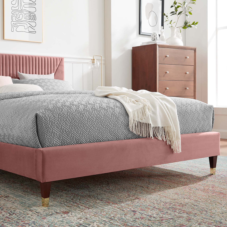 Yasmine Channel Tufted Performance Velvet Platform Bed With Wood and Gold Legs by Modway