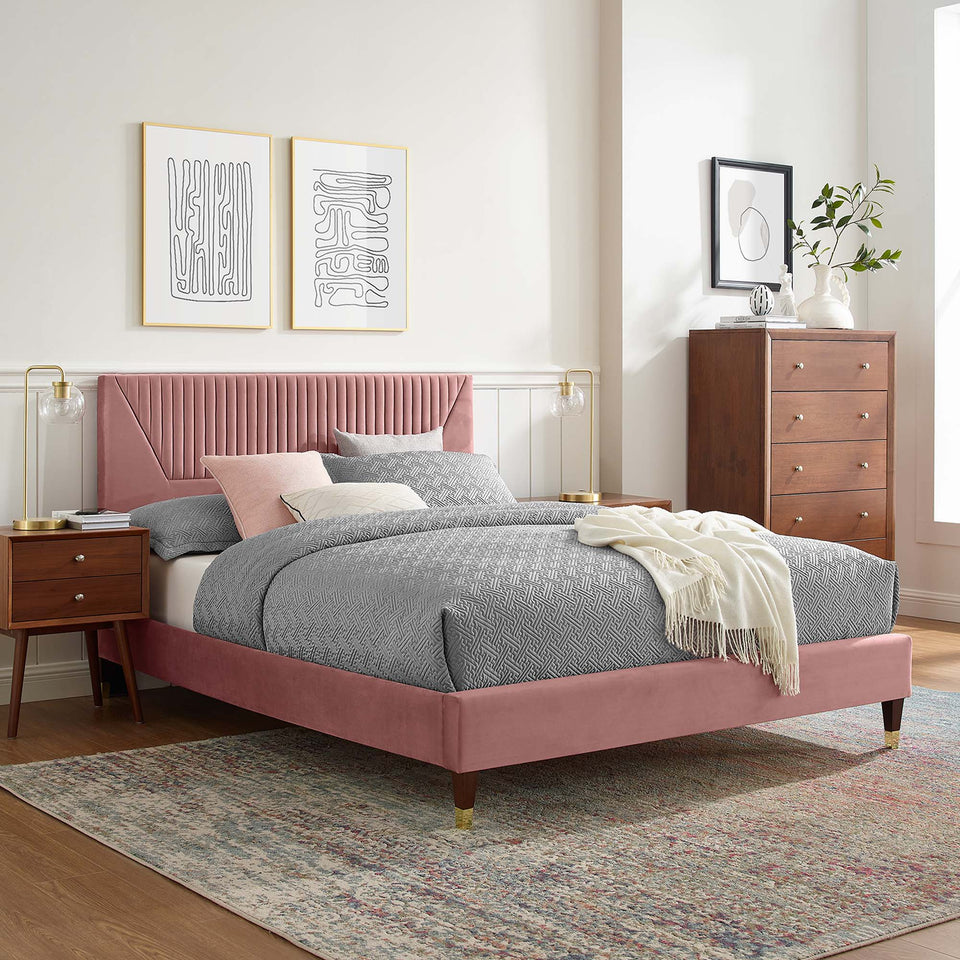 Yasmine Channel Tufted Performance Velvet Platform Bed With Wood and Gold Legs by Modway