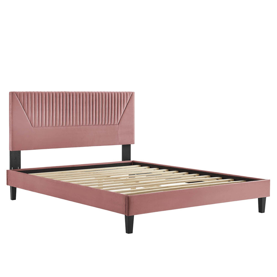 Yasmine Channel Tufted Performance Velvet Platform Bed With Black Wood Legs by Modway
