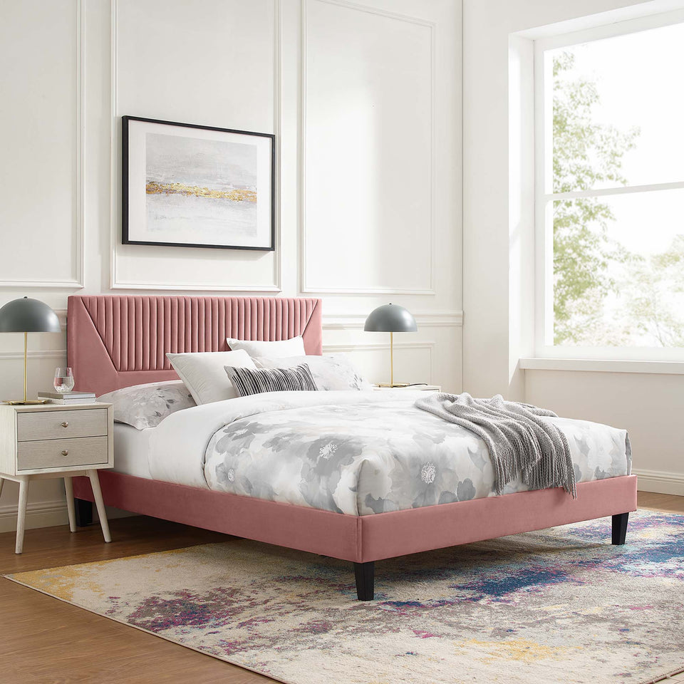 Yasmine Channel Tufted Performance Velvet Platform Bed With Black Wood Legs by Modway